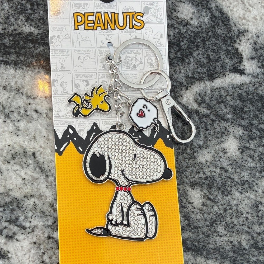 Peanuts Snoopy and Woodstock Keychain or bag charm Silver and blingy Accents B17